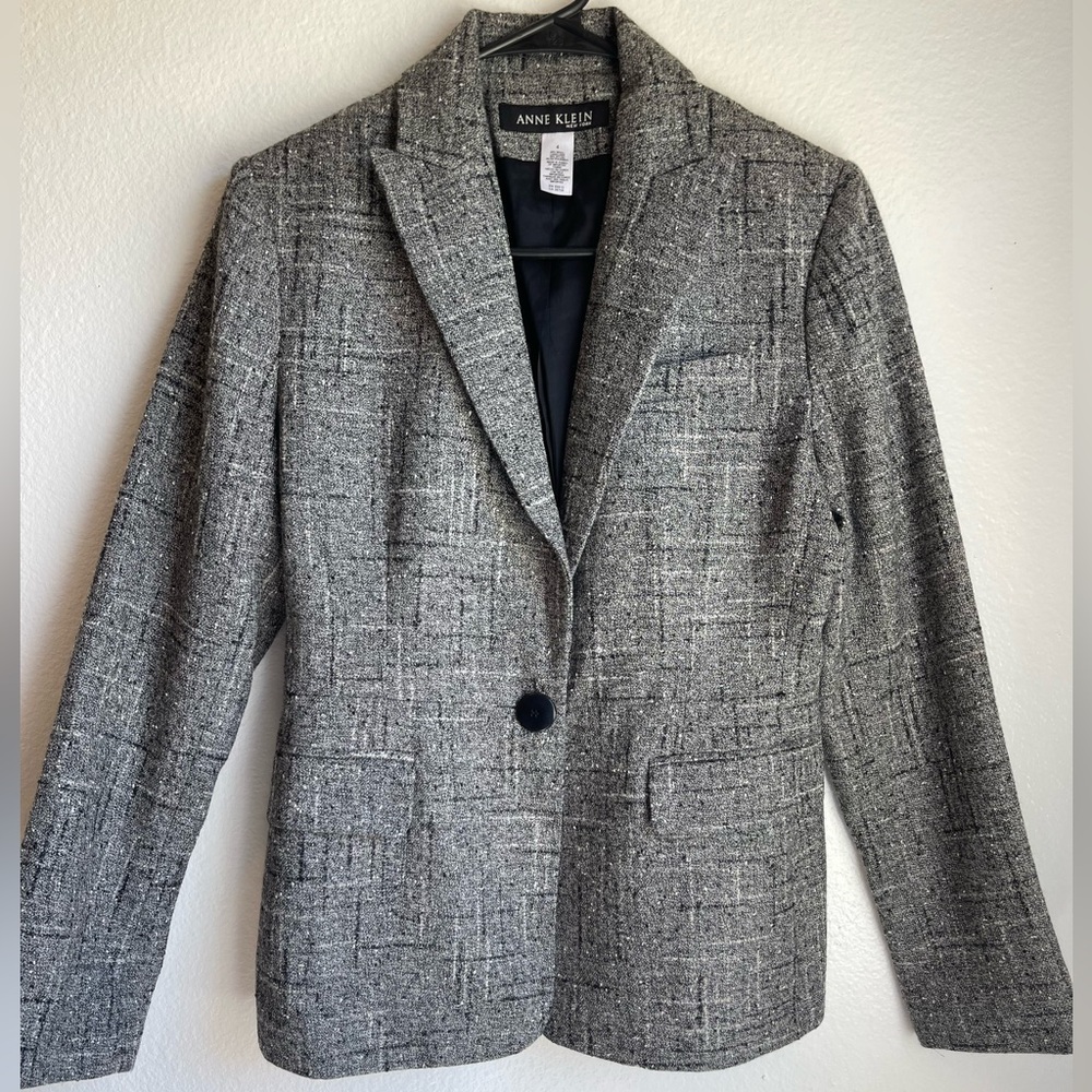 Anne Klein Gray Tweed One-Button‎ Blazer